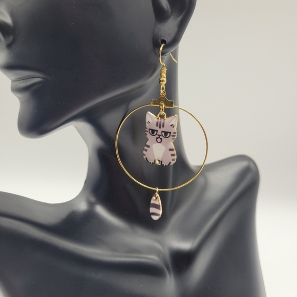 Jewelry - Enamel Cat Hoop Earrings with Swinging Tails​​​